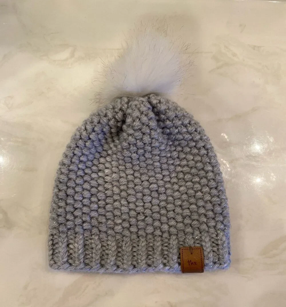 Boutique Gray Knit Pom Beanie‎ Cozy Stocking Hat Sparkle Thread Faux Fur Pom
